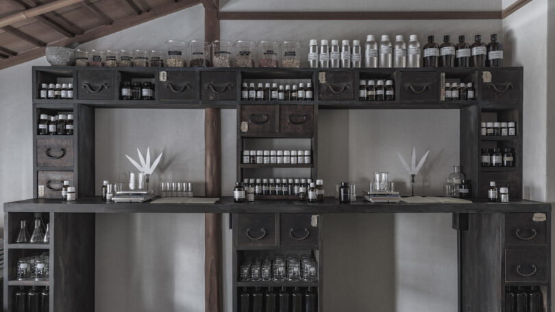 Product display along the walls of the new Le Labo's Kyoto Machiya